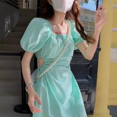 Square collar bubble sleeve dress gentle wind show thin one shoulder clavicle skirt