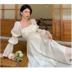 Square collar dress female summer temperament bubble sleeve fairy skirt bare back tie bowknot long skirt