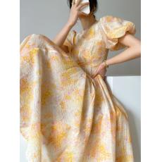 French style oil painting printing high sense of fashion dress bubble sleeve MIDI skirt