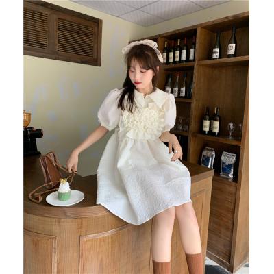 French solid color lapel three-dimensional pleated flower bubble sleeve dress Women's summer 2022 new high-waisted princ