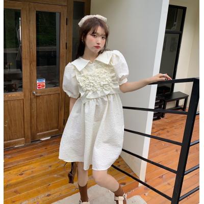 French solid color lapel three-dimensional pleated flower bubble sleeve dress Women's summer 2022 new high-waisted princ