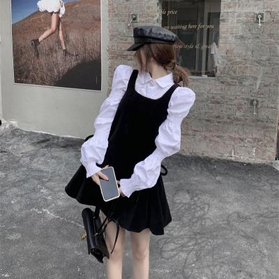 Velvet dress woman collar waist slim temperament strap skirt