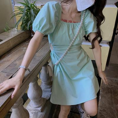 Square collar bubble sleeve dress gentle wind show thin one shoulder clavicle skirt