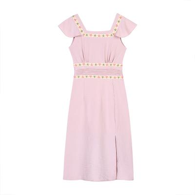 Pink square collar dress femal...