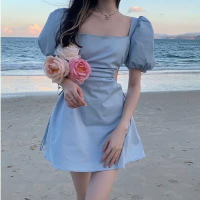 Summer Korean edition 2022 new waist slimming backless skirt design sense square collar short sleeve dress dress