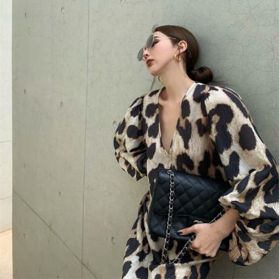 Leopard print dress thin v-neck holiday wind lantern sleeve chiffon long skirt summer temperament slit long sleeve skirt