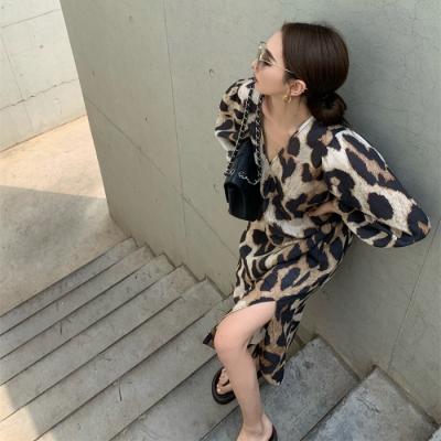 Leopard print dress thin v-neck holiday wind lantern sleeve chiffon long skirt summer temperament slit long sleeve skirt