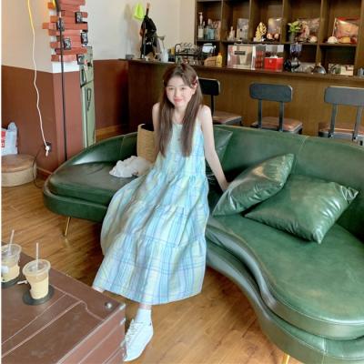 Small fresh plaid halter dress female summer 2022 new French platycodon first love temperament sweet long skirt