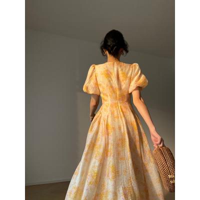 French style oil painting printing high sense of fashion dress bubble sleeve MIDI skirt