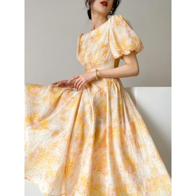 French style oil painting printing high sense of fashion dress bubble sleeve MIDI skirt