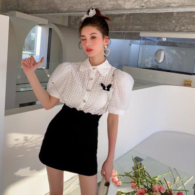 Lace butterfly embellished short sleeve shirt for women's summer bubble sleeve texture white top