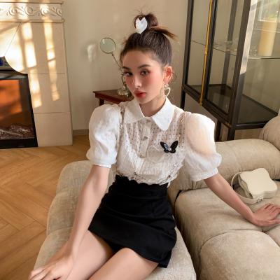 Lace butterfly embellished short sleeve shirt for women's summer bubble sleeve texture white top