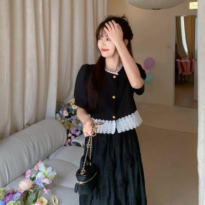 Small fragrance black bubble sleeve shirt women's summer