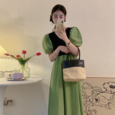 Fake two v-neck bubble sleeve dresses for women