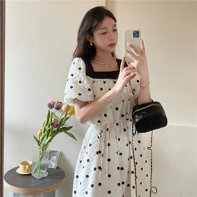 White polka dot dress with square collar for women summer