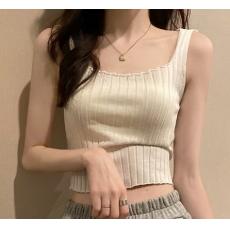 Women's knitted vest pullover rib knit solid color square collar fashion casual