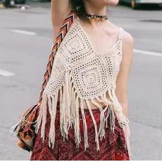 Women's knitted vest pullover crochet fringe open back solid color V-neck beige