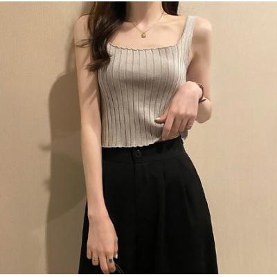 Women's knitted vest pullover rib knit solid color square collar fashion casual