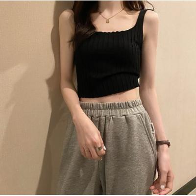 Women's knitted vest pullover rib knit solid color square collar fashion casual