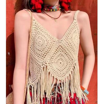 Women's knitted vest pullover crochet fringe open back solid color V-neck beige